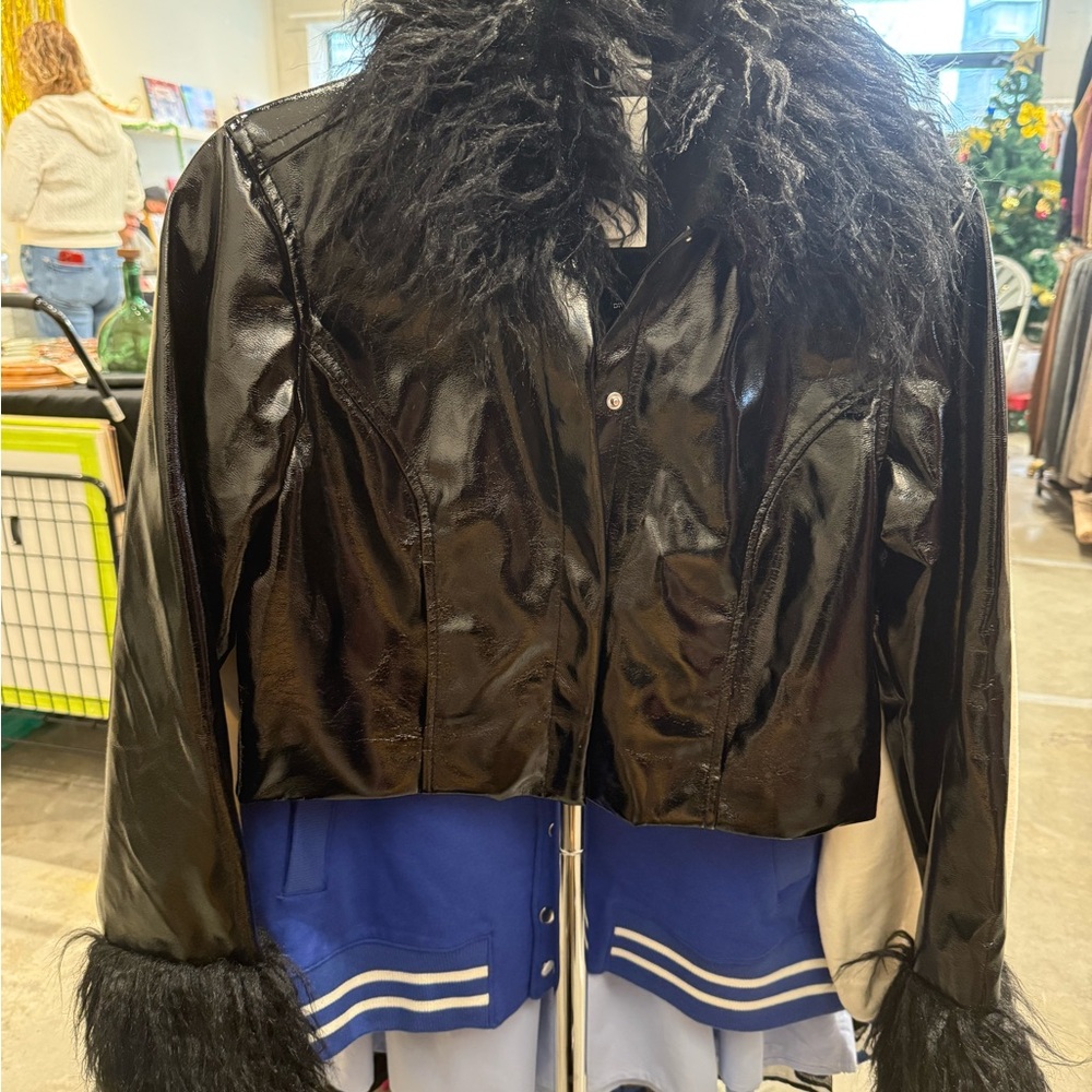 H&M Black Leather Jacket with Faux Fur Collar